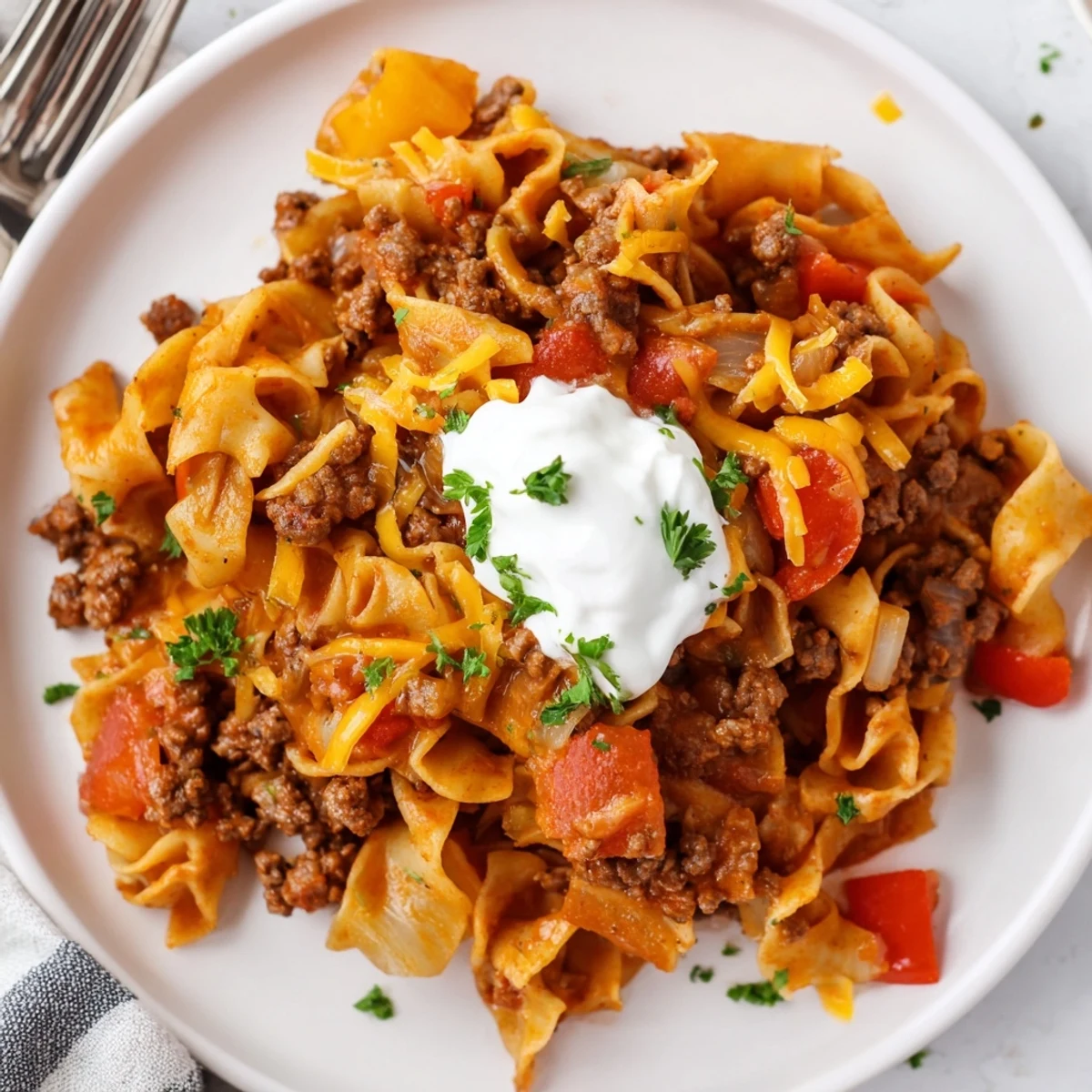 Beef Noodle Casserole bubbling with melted cheddar, tender beef, and noodles