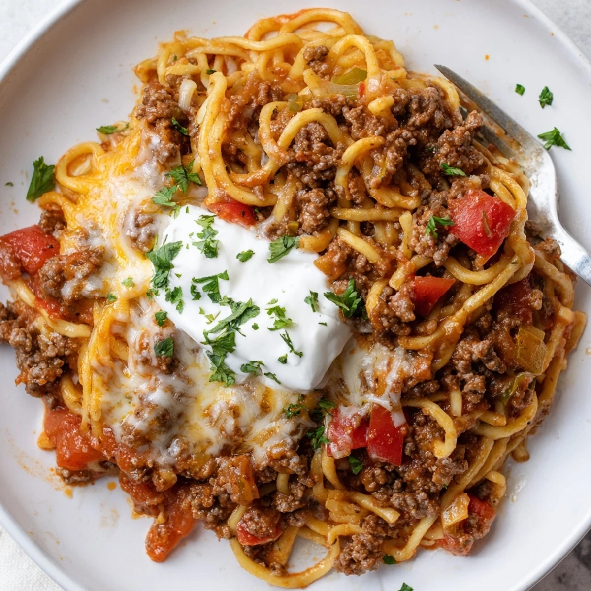 Golden-topped Beef Noodle Casserole served hot with garlic bread and parsley