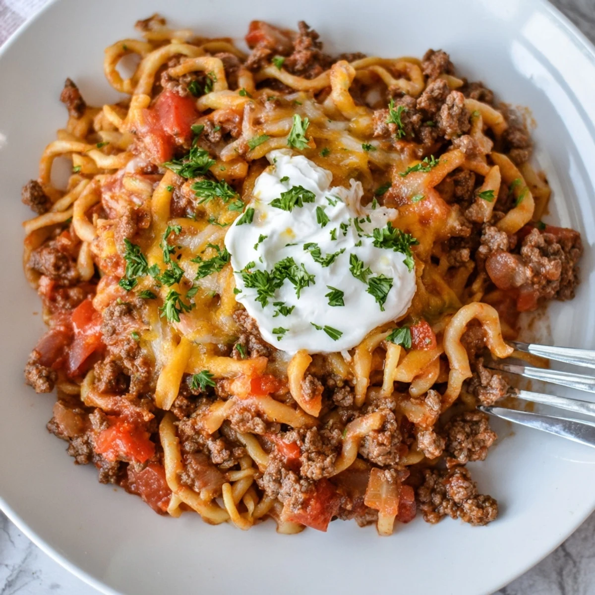 Hearty Beef Noodle Casserole with saucy noodles, browned beef, inviting steam