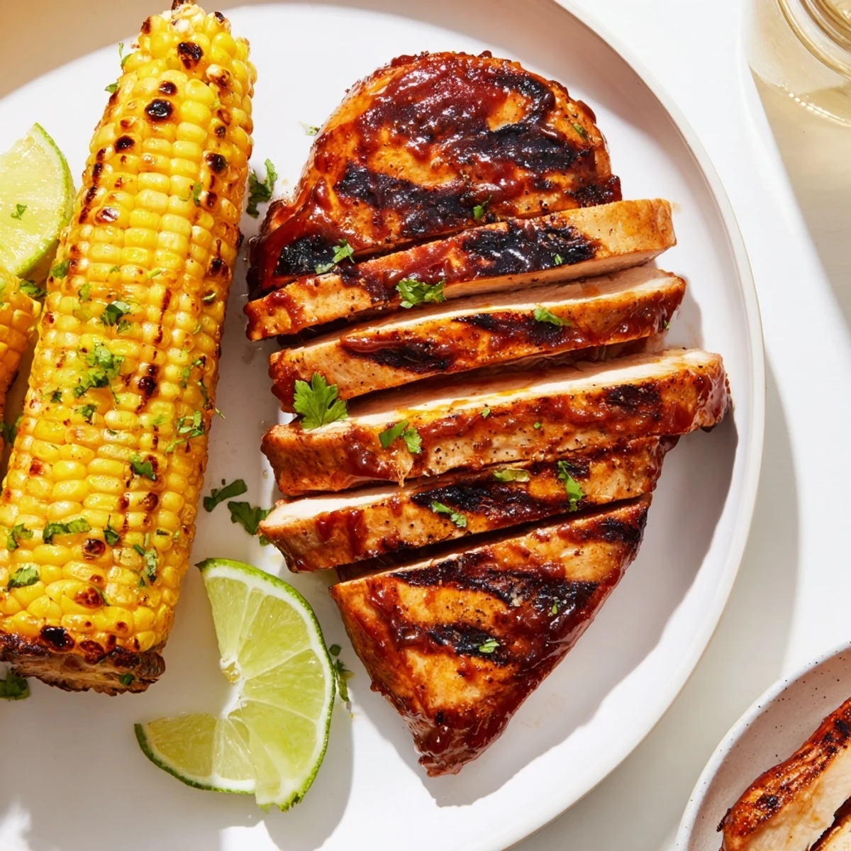 BBQ Chicken With Corn glistening with tangy sauce, smoky grill marks.