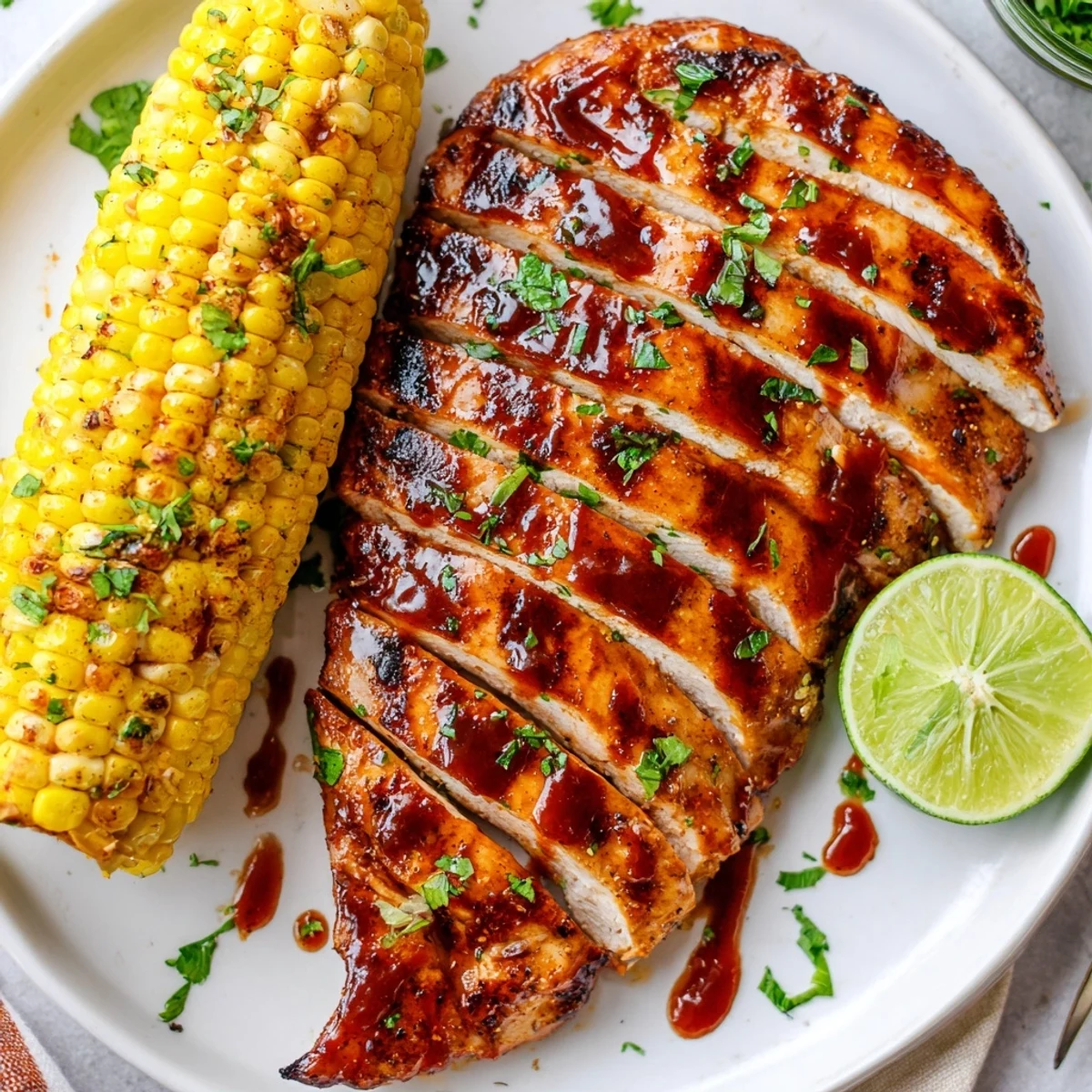 Grilled BBQ Chicken With Corn served with buttered golden cob and parsley.