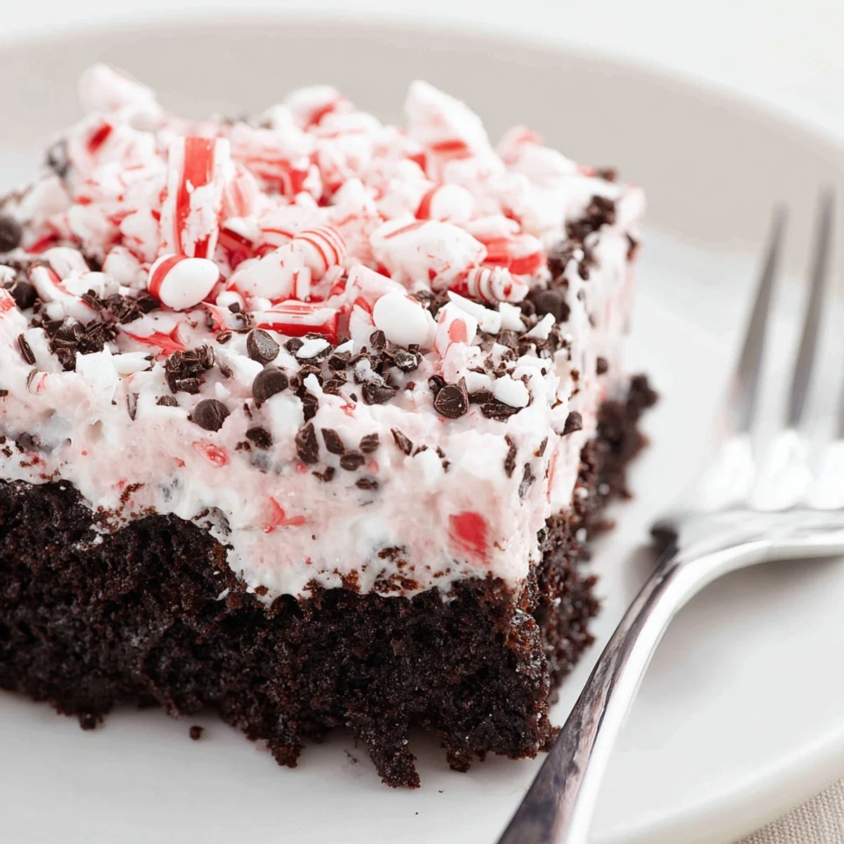 Peppermint Poke Cake with crushed candies, whipped topping, chilled and sliced.