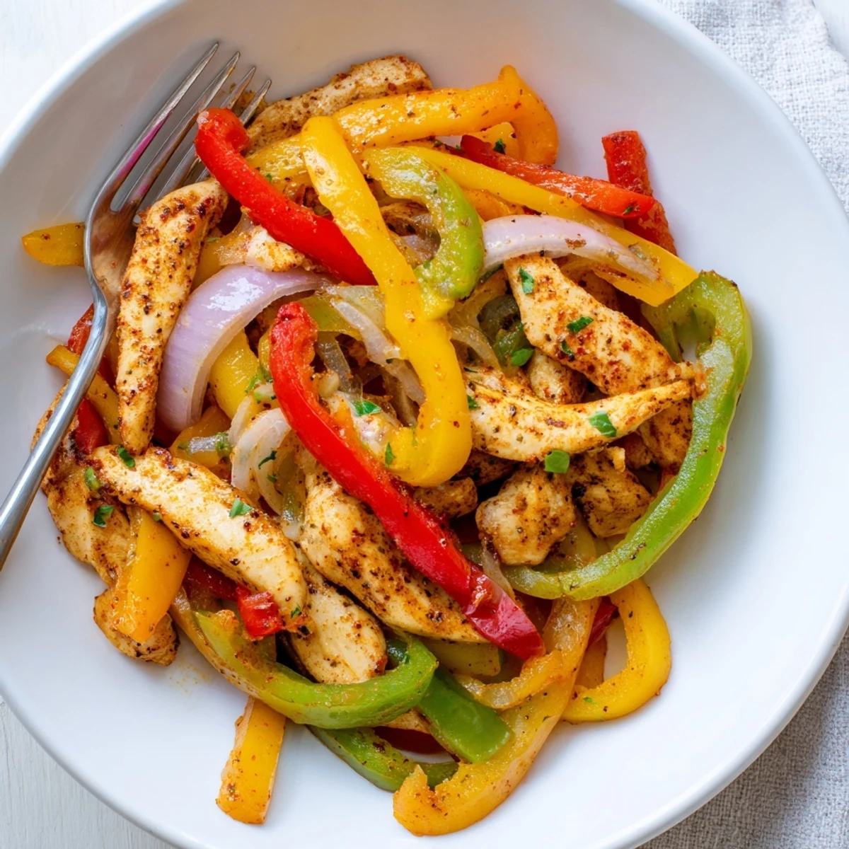 Warm Cheesy Baja Chicken Bell Pepper Skillet topped with cilantro, lime wedge  