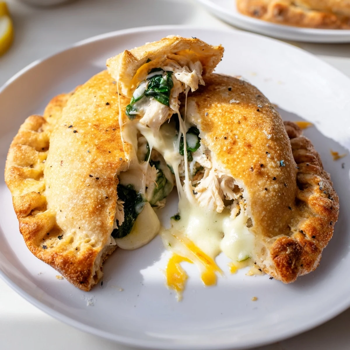 Plate of Crispy Cheesy Chicken Alfredo Air Fryer Calzones, served with Alfredo dip