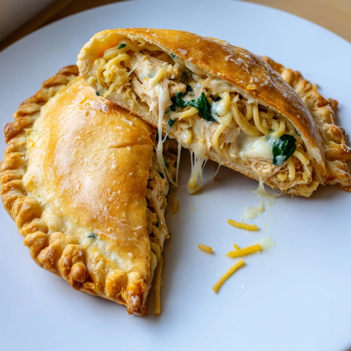 Golden Crispy Cheesy Chicken Alfredo Air Fryer Calzones, steam rising, cheesy pull