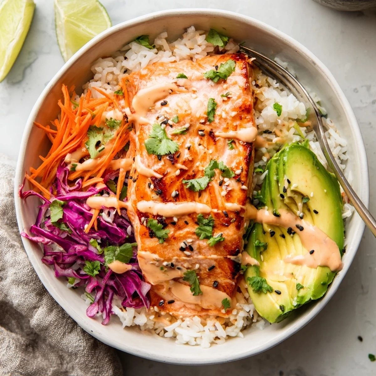 Homestyle Bang Bang Salmon Bowls Recipe served warm with avocado slices, sesame seeds