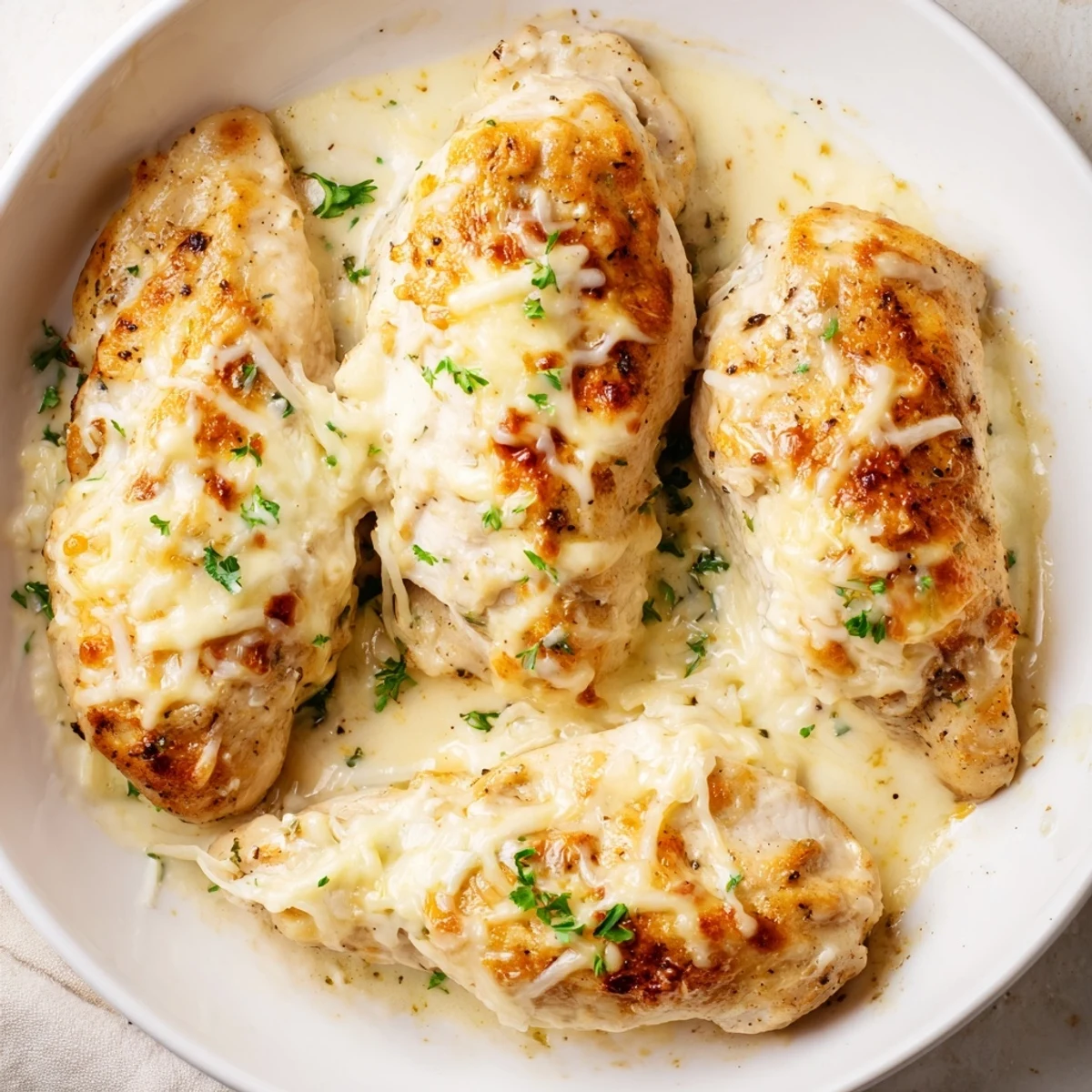Oven-baked Caesar Chicken Recipe resting on plate, sprinkled with fresh parsley