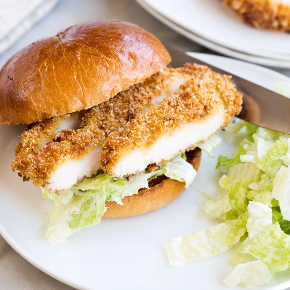 Close-up of Crispy Chicken Caesar Sandwich Recipe with toasted brioche and creamy dressing
