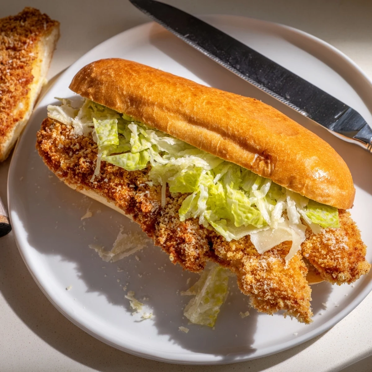 Stacked Crispy Chicken Caesar Sandwich Recipe served warm with lemon wedge and crisp romaine