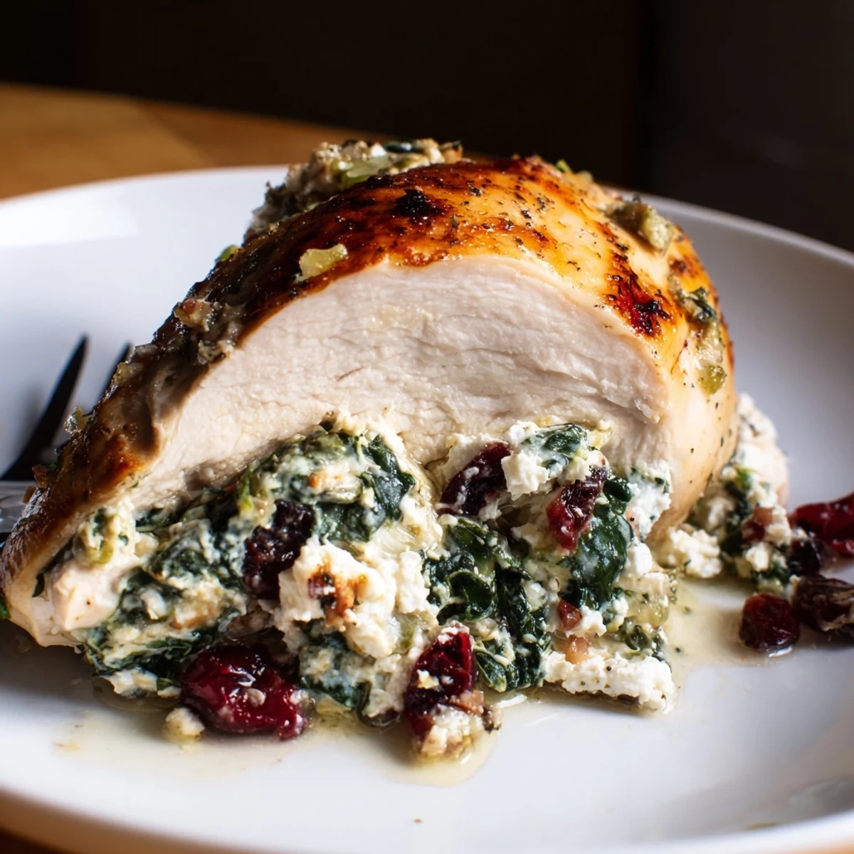 Cranberry Spinach Stuffed Chicken Breasts resting on roasted vegetables, juicy, golden