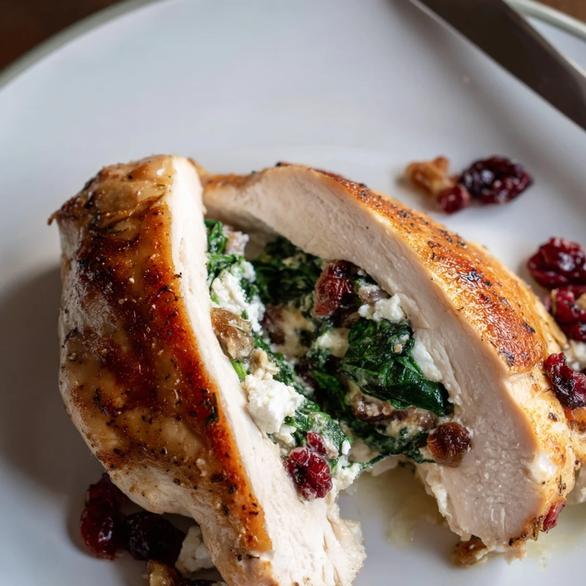 Sliced Cranberry Spinach Stuffed Chicken Breasts over wild rice, tart cranberries visible