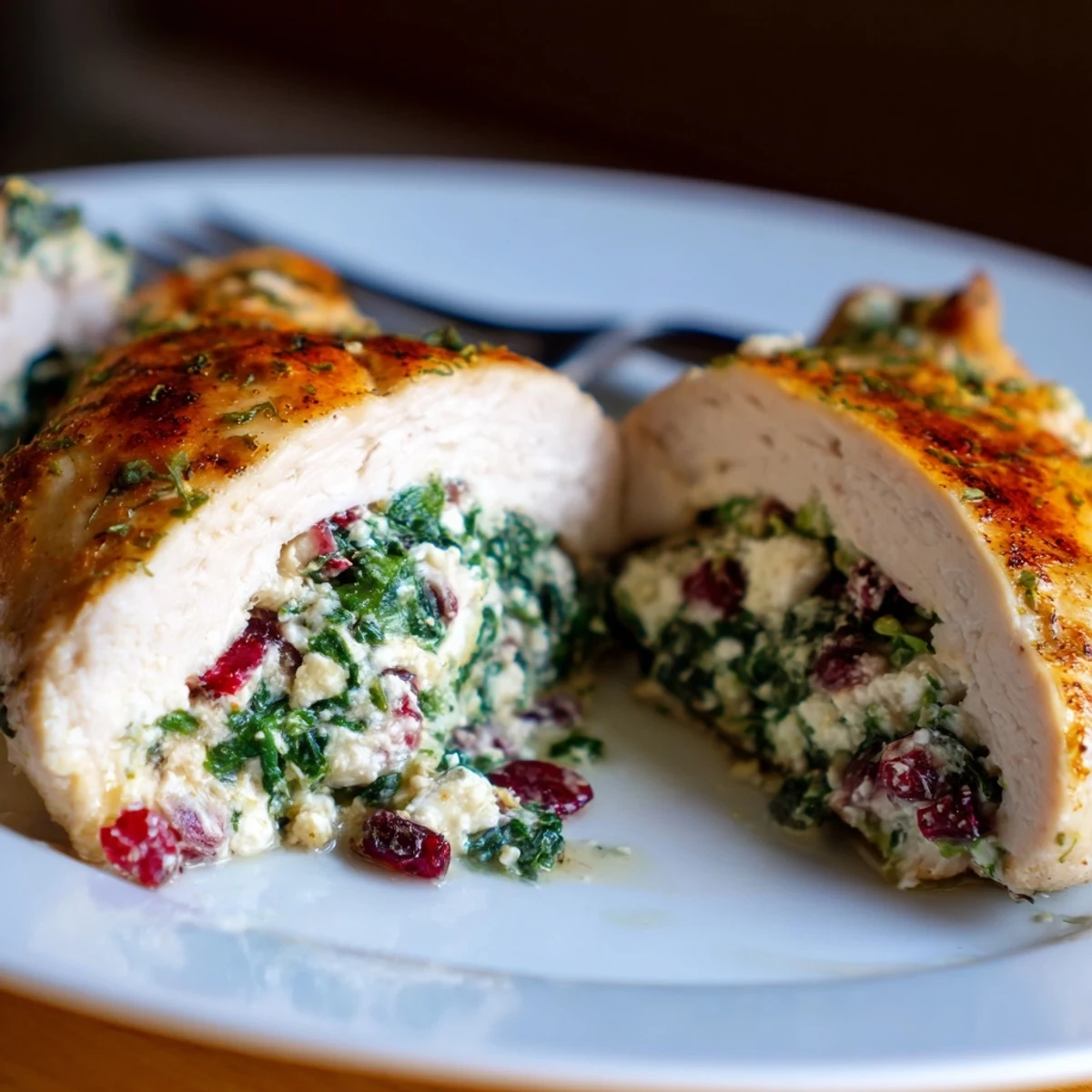 Baked Cranberry Spinach Stuffed Chicken Breasts with creamy cheese filling, herb aroma