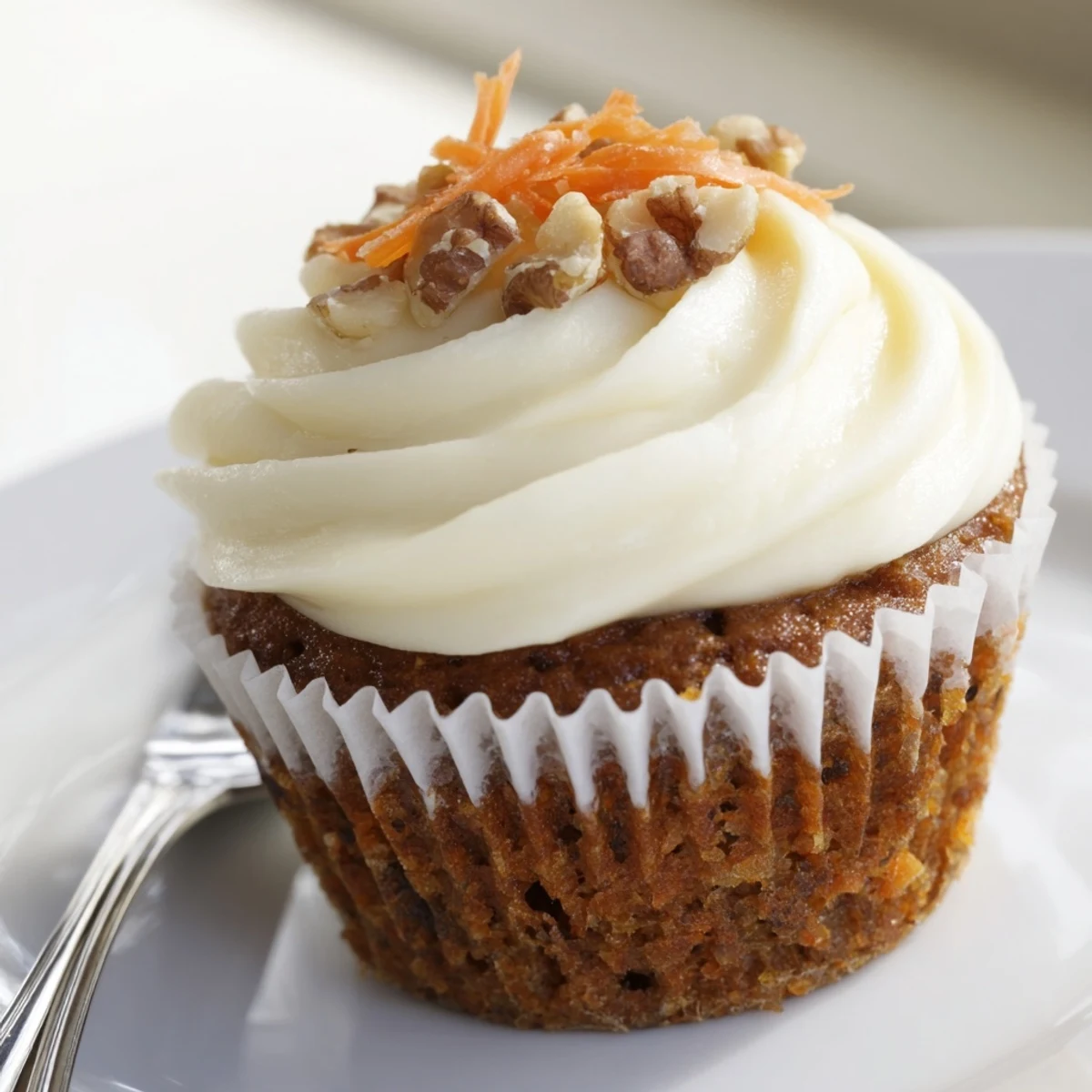 Freshly baked Moist Carrot Cake Cupcakes, steaming with cream cheese frosting swirls
