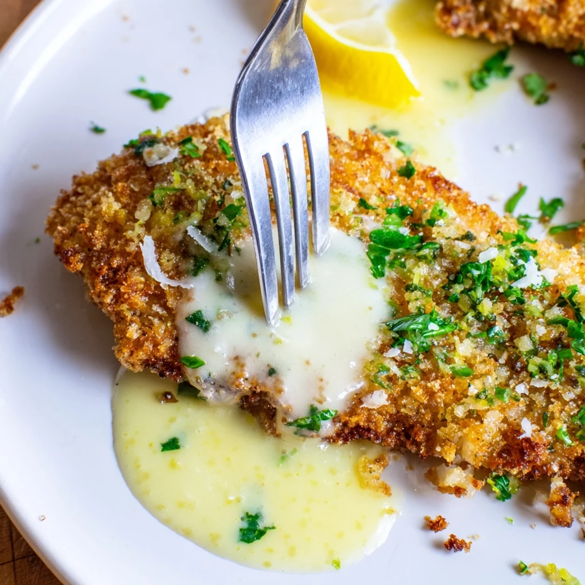Warm Lemon Pecorino Crusted Chicken With Creamy Lemon Sauce served over greens.