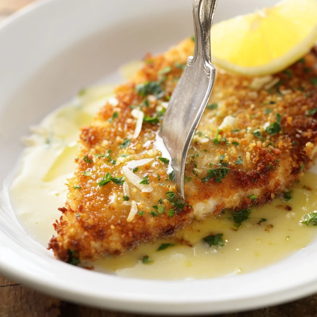 Lemon Pecorino Crusted Chicken With Creamy Lemon Sauce, golden crust and parsley.