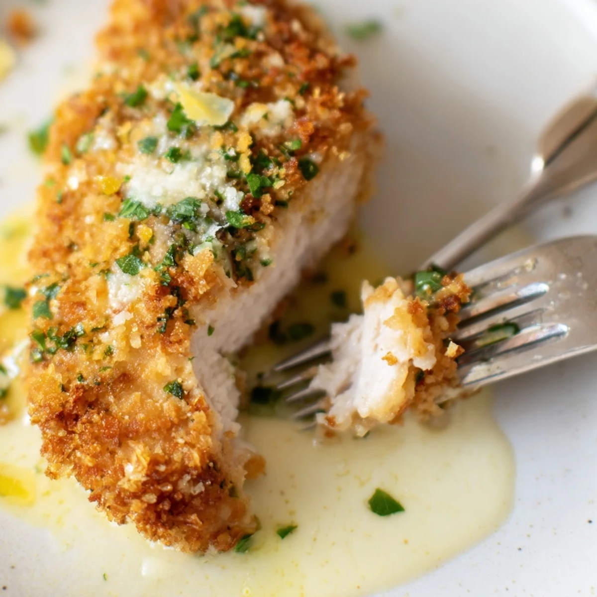Oven-browned Lemon Pecorino Crusted Chicken With Creamy Lemon Sauce, silky lemony drizzle.