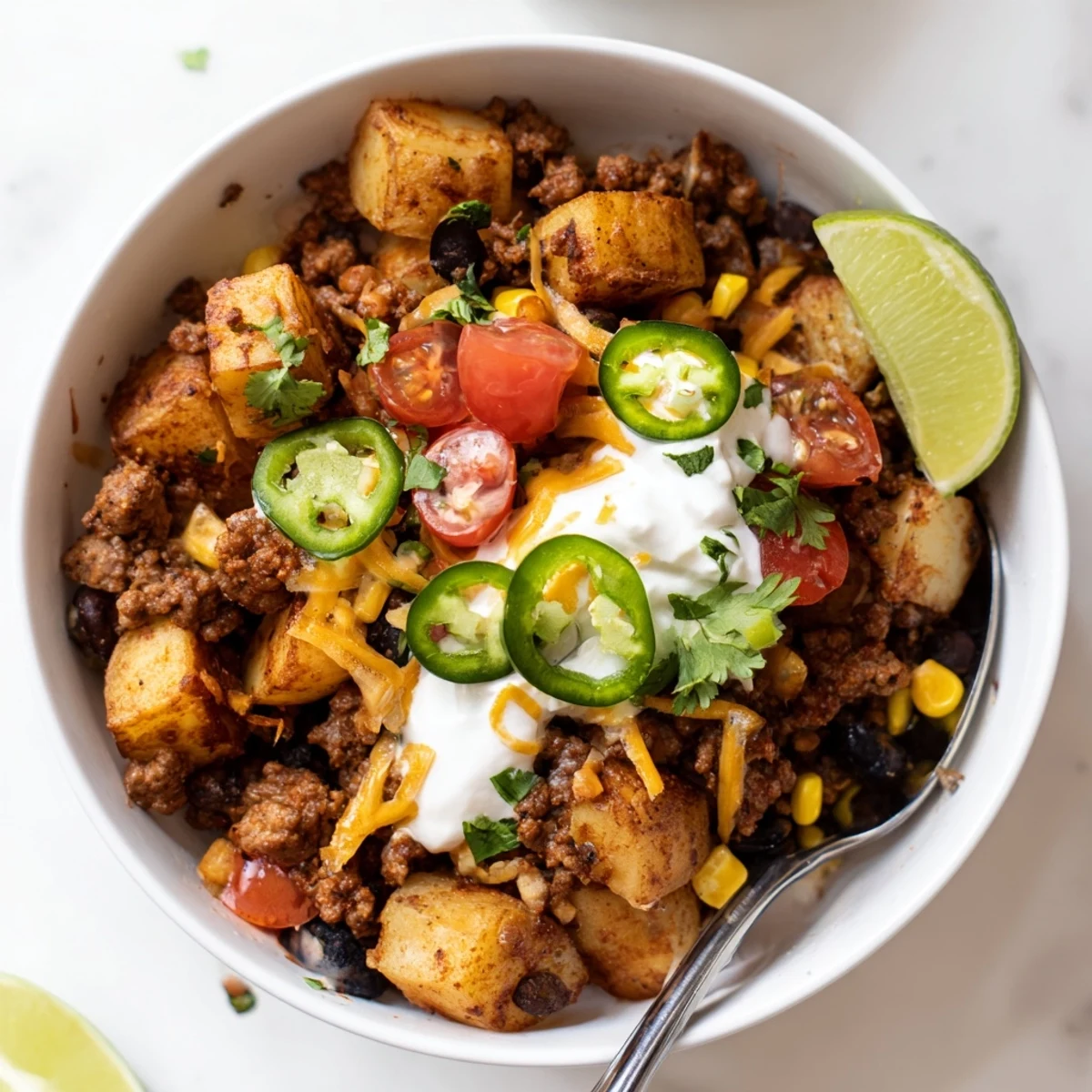 Citrus-lime Loaded Potato Taco Bowl topped with smoky beef, sweet corn, cilantro