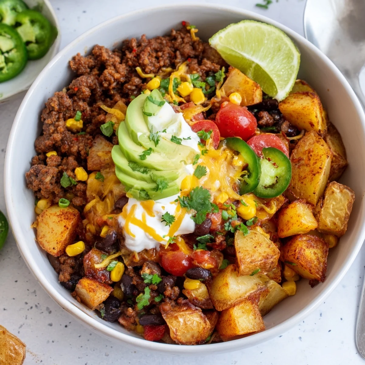 Loaded Potato Taco Bowl with crispy roasted potatoes, melty cheddar, diced avocado