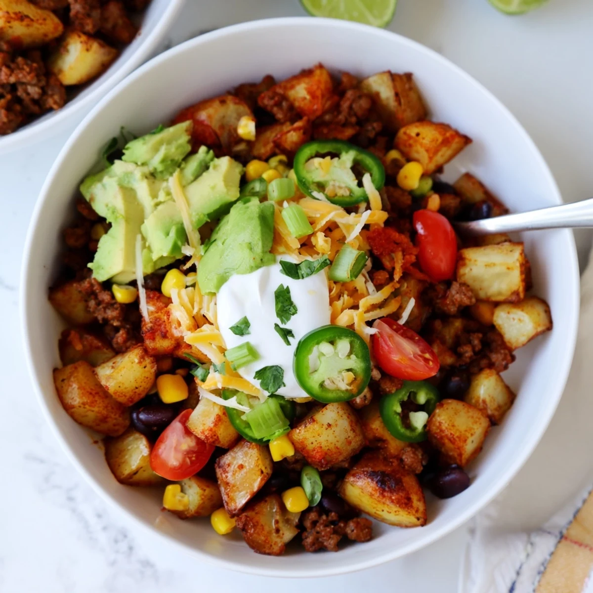 Weeknight Loaded Potato Taco Bowl served warm in bowls, drizzled sour cream