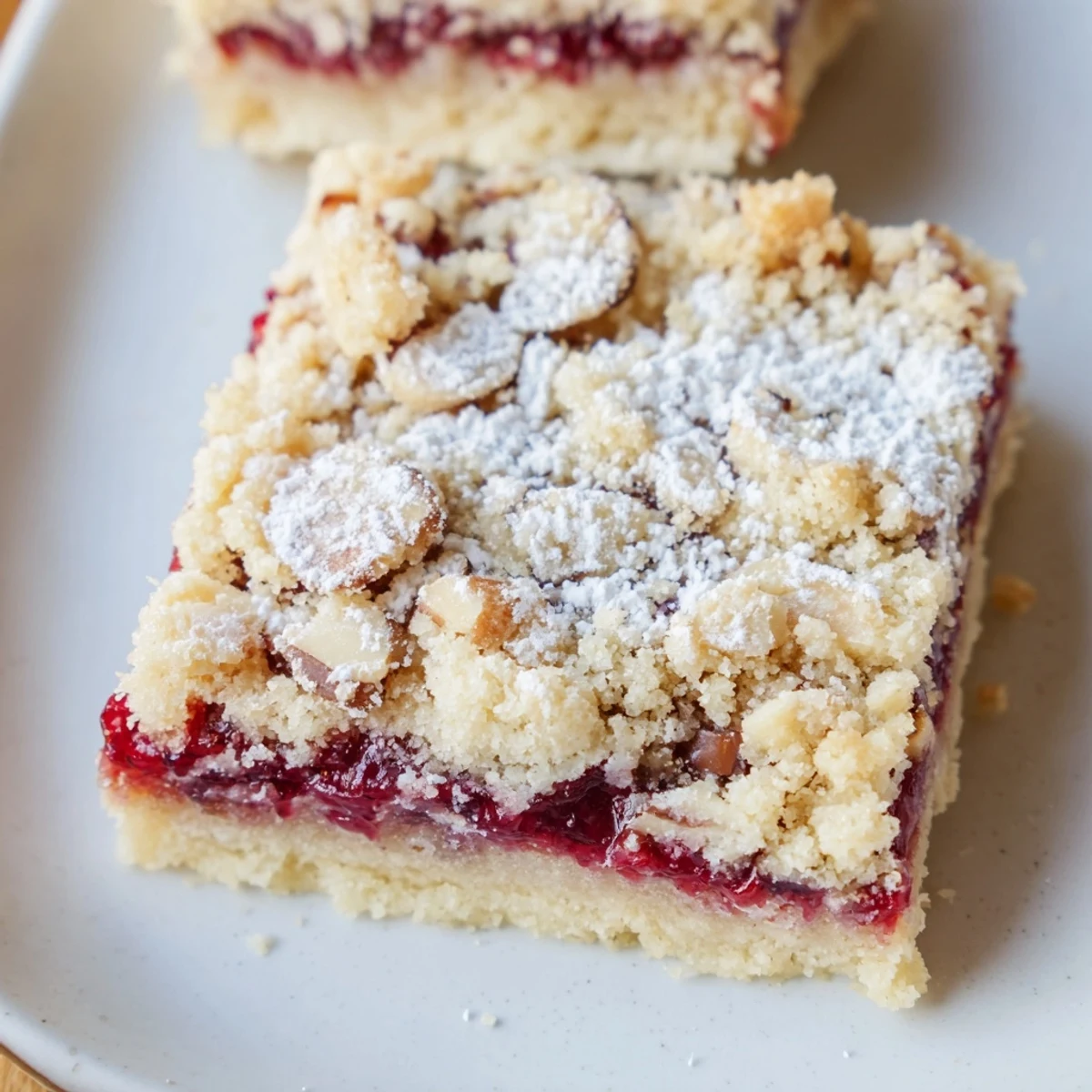 Slices of Raspberry Almond Bars served with vanilla ice cream and powdered sugar