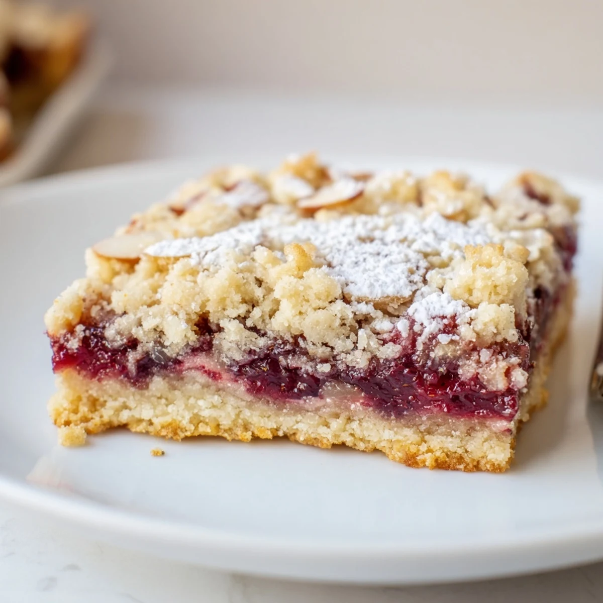 Buttery Raspberry Almond Bars with toasted sliced almonds, flaky tender texture