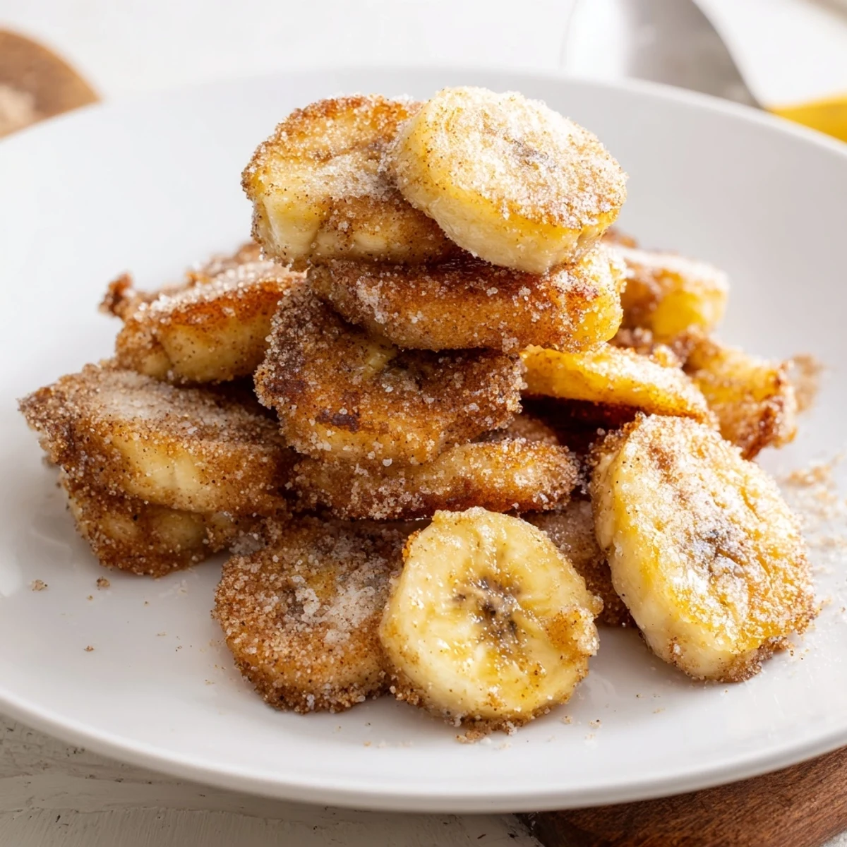 Warm Crispy Cinnamon Sugar Air Fryer Banana Chips piled on parchment, golden edges.