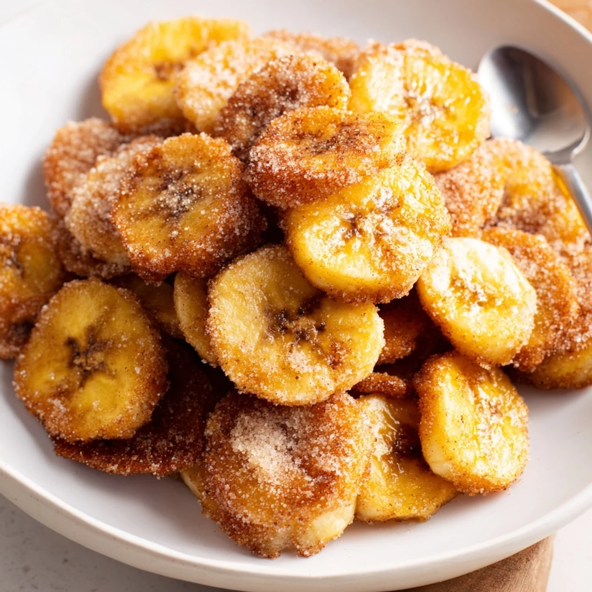 Golden Crispy Cinnamon Sugar Air Fryer Banana Chips cooling on rack, crunchy texture.