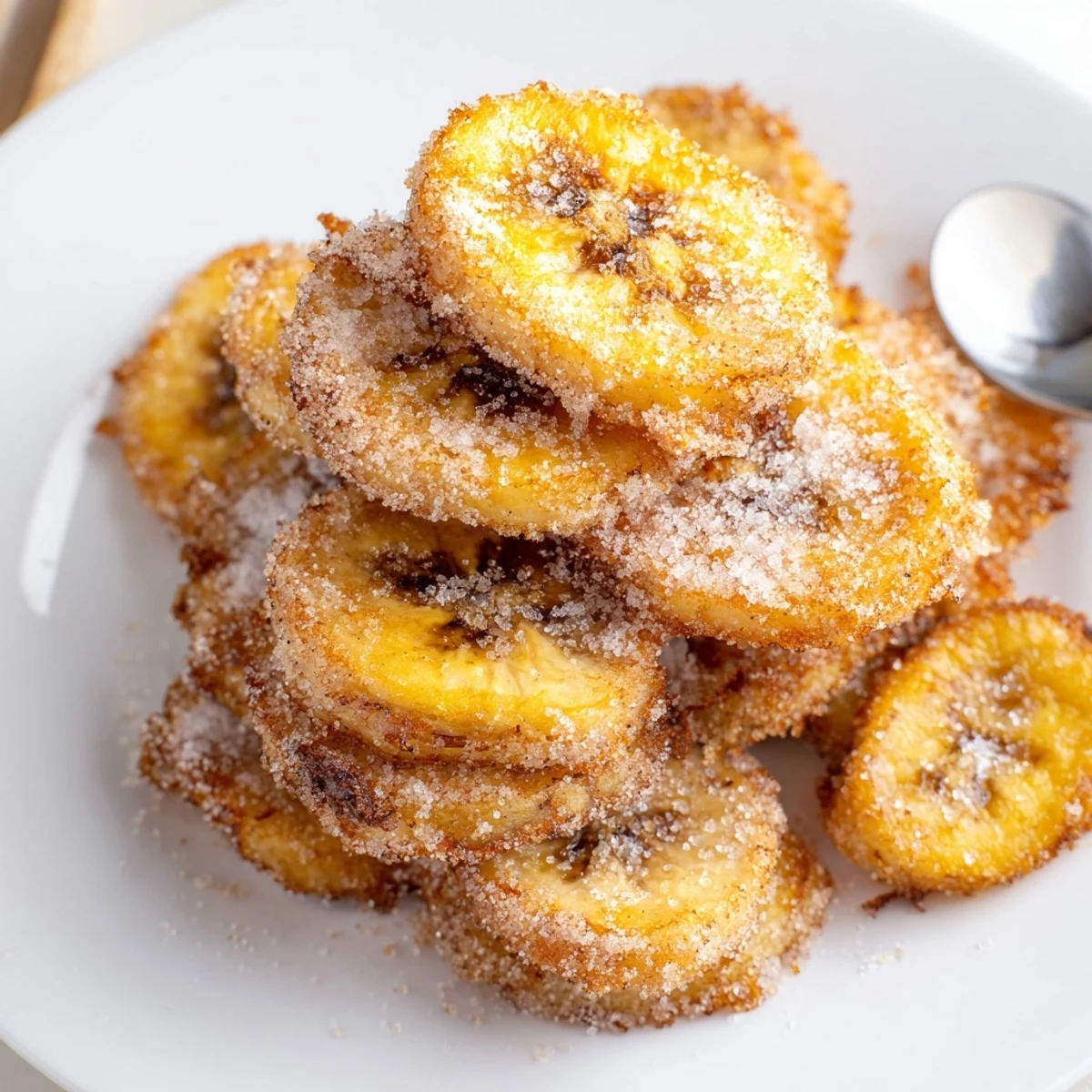 Crispy Cinnamon Sugar Air Fryer Banana Chips in bowl, sweet scent, ideal snack.