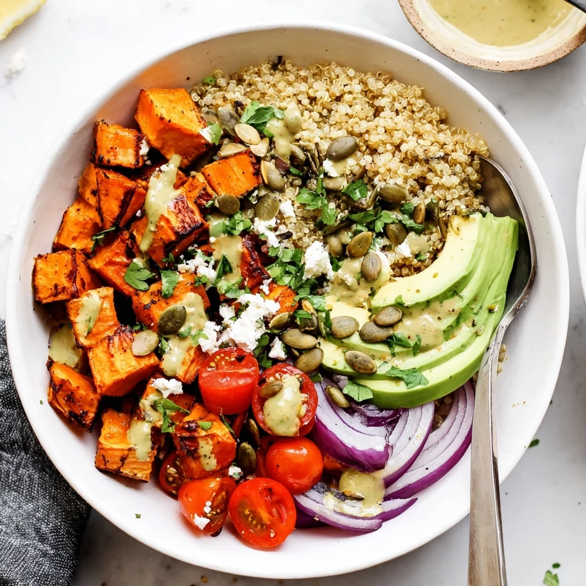 Roasted Sweet Potato Quinoa Salad Bowl topped with toasted seeds, feta, and herbs