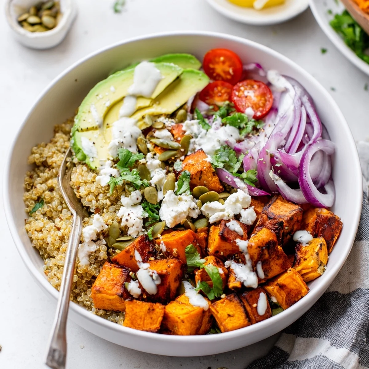 Warm bowl of greens, cherry tomatoes, avocado — Roasted Sweet Potato Quinoa Salad Bowl