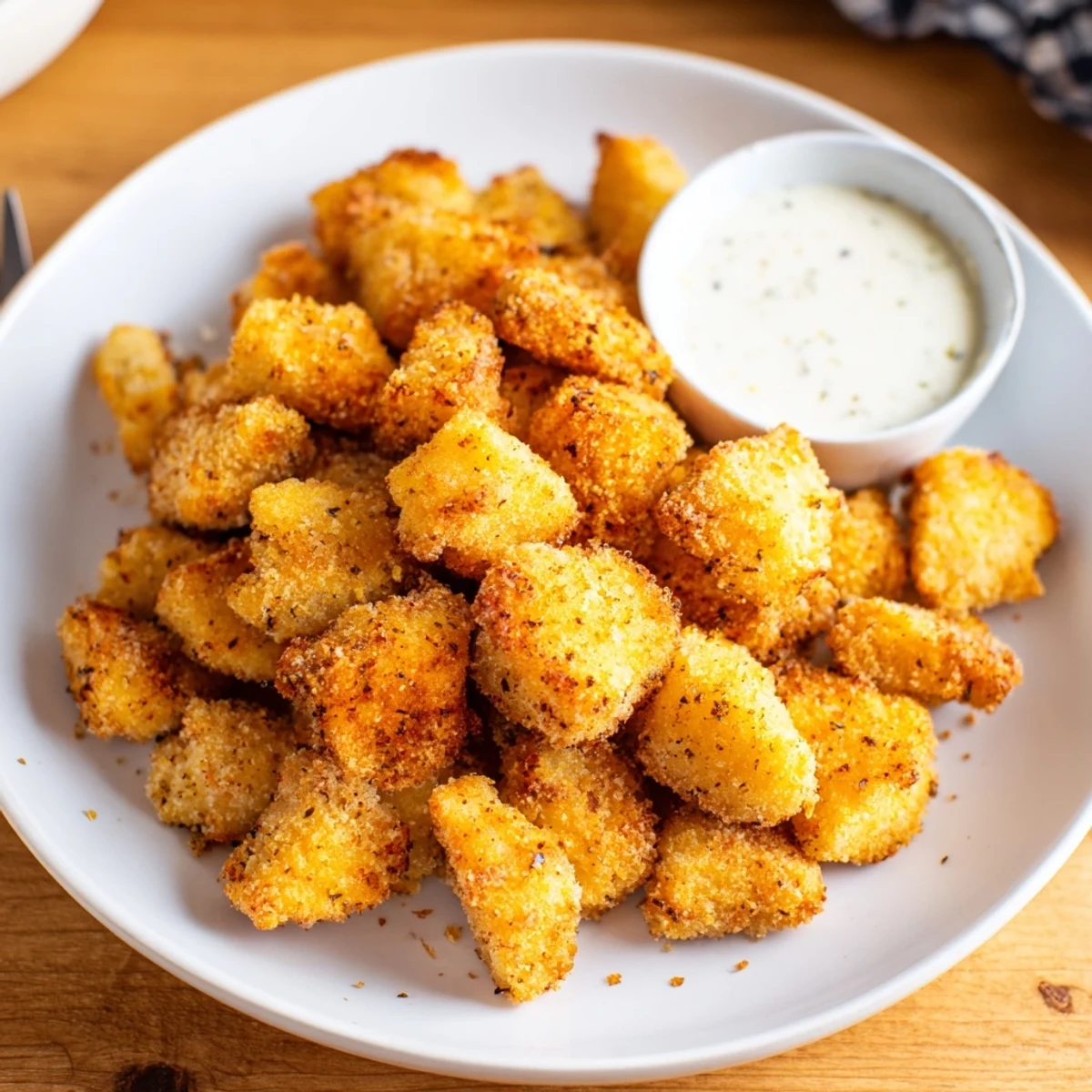 Golden, crispy Chicken Bites piled on a platter with ranch dipping sauce