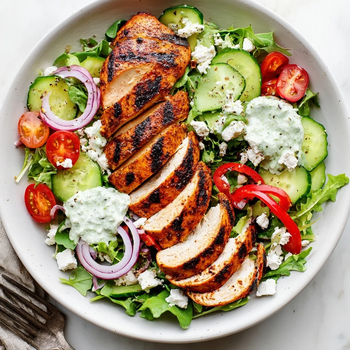 Grilled Chicken Salad Avocado Herb Dressing drizzled over greens with smoky sliced chicken