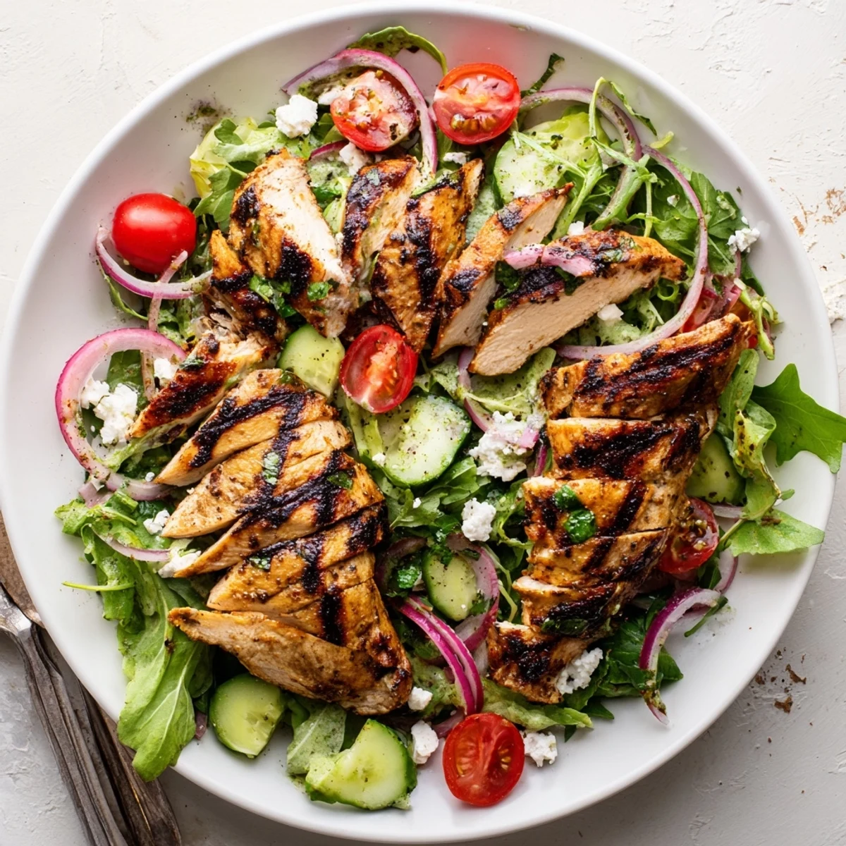 Summer-ready Grilled Chicken Salad Avocado Herb Dressing served with chilled Sauvignon Blanc