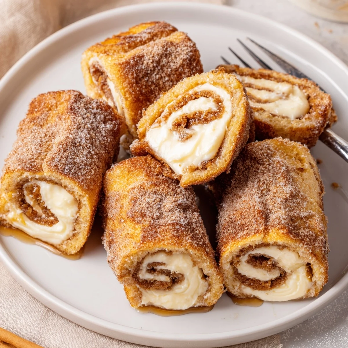 Skillet-browned Cinnamon Roll French Toast Roll Ups served with warm maple syrup
