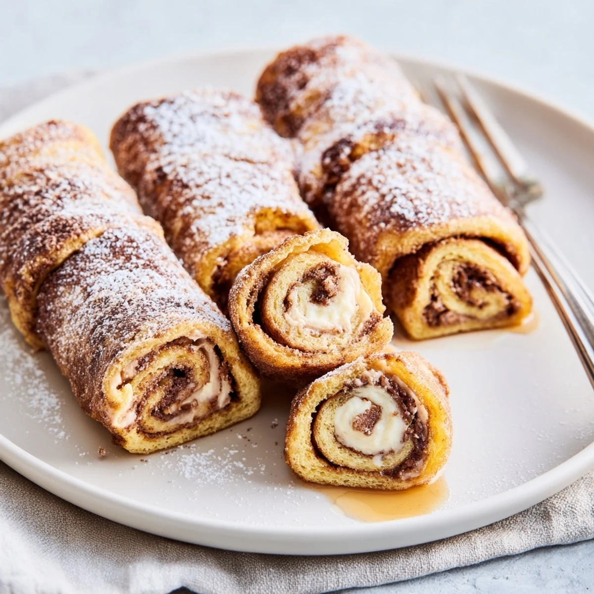 Handheld Cinnamon Roll French Toast Roll Ups with creamy filling, perfect for brunch