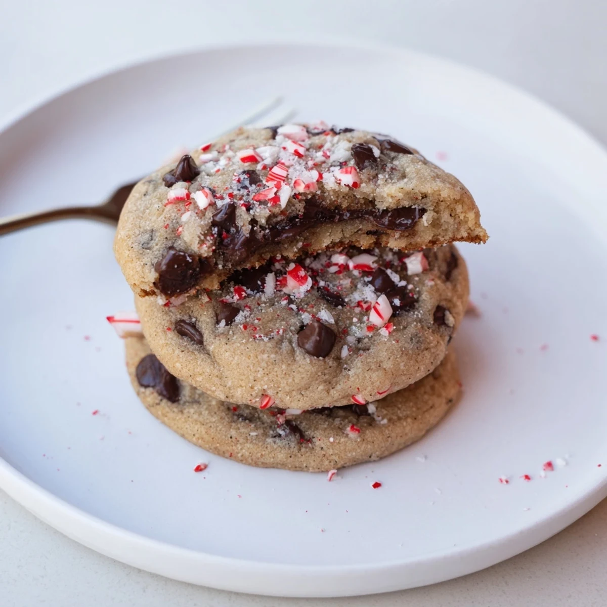 Warm Peppermint Chocolate Chip Cookies cooling on rack, speckled with crushed candy