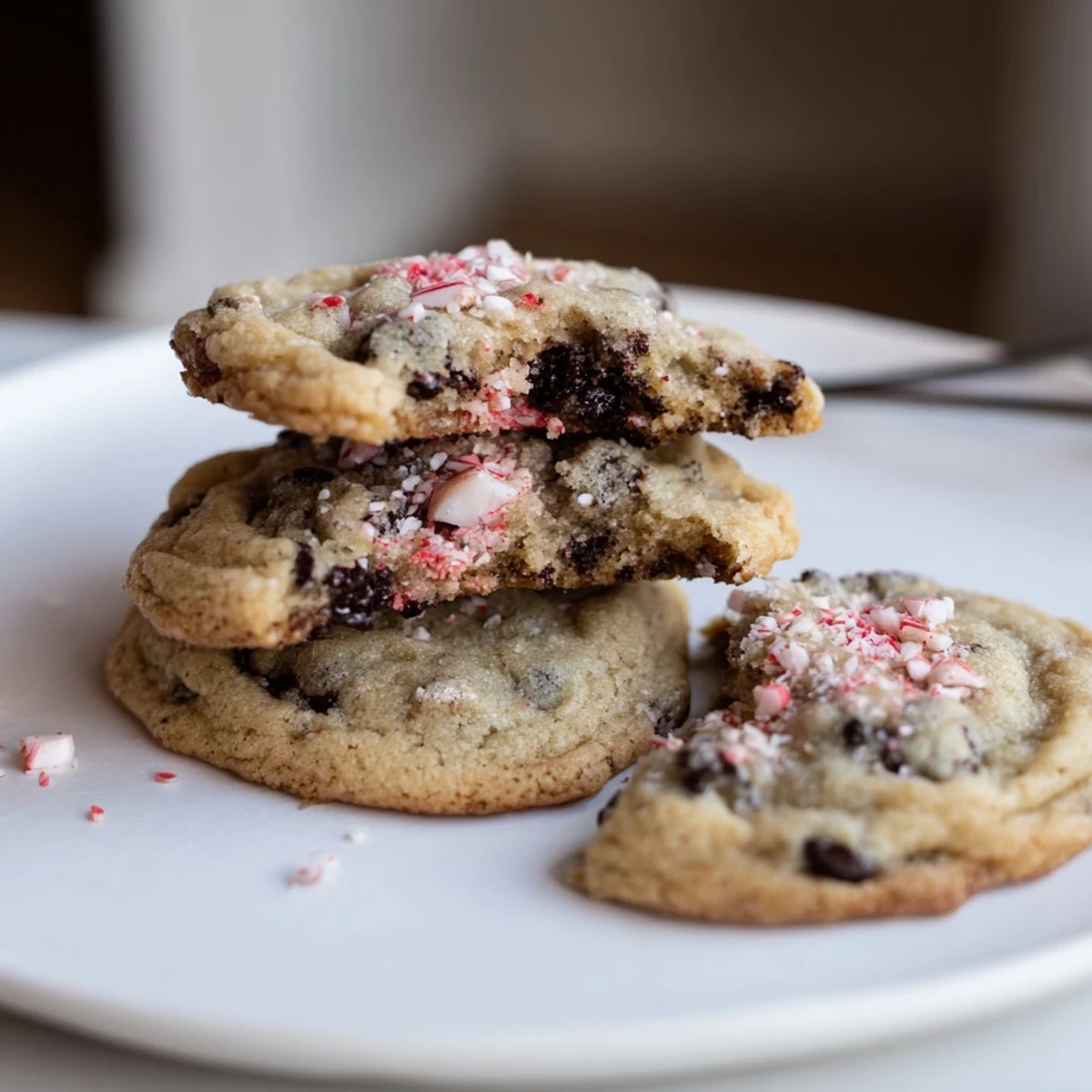 Fresh baked Peppermint Chocolate Chip Cookies with glossy chips and faint mint aroma