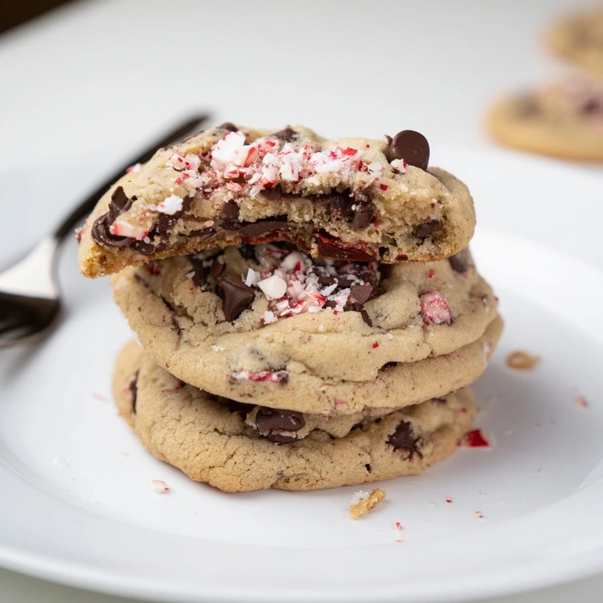 Stack of Peppermint Chocolate Chip Cookies on festive plate, crisp edges, soft centers