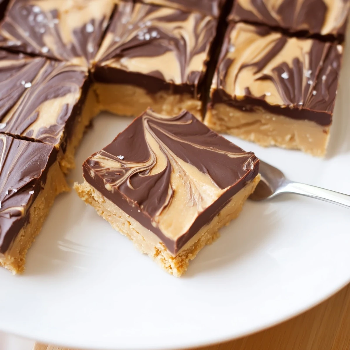 Slice of No Bake Peanut Butter Bars served on plate, creamy, rich.