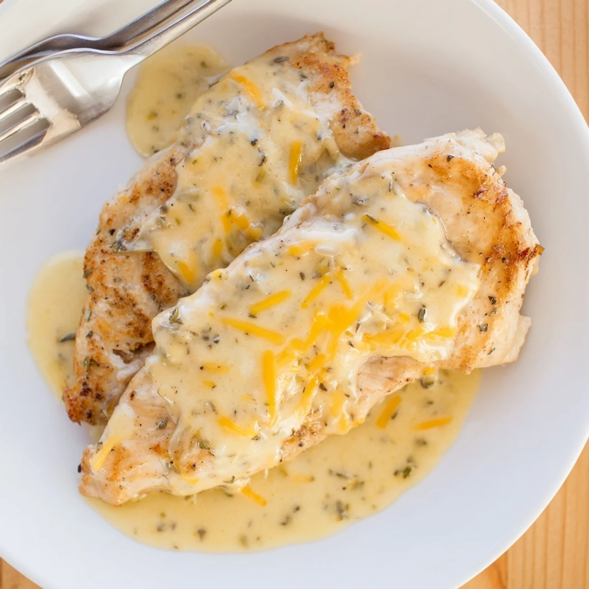 Oven baked Chicken With Cheese Sauce plated with steamed broccoli and herbs