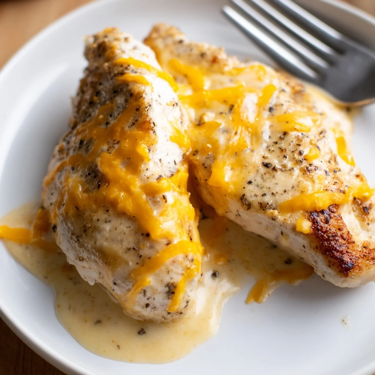 Golden seared Chicken With Cheese Sauce, creamy cheddar poured over breasts