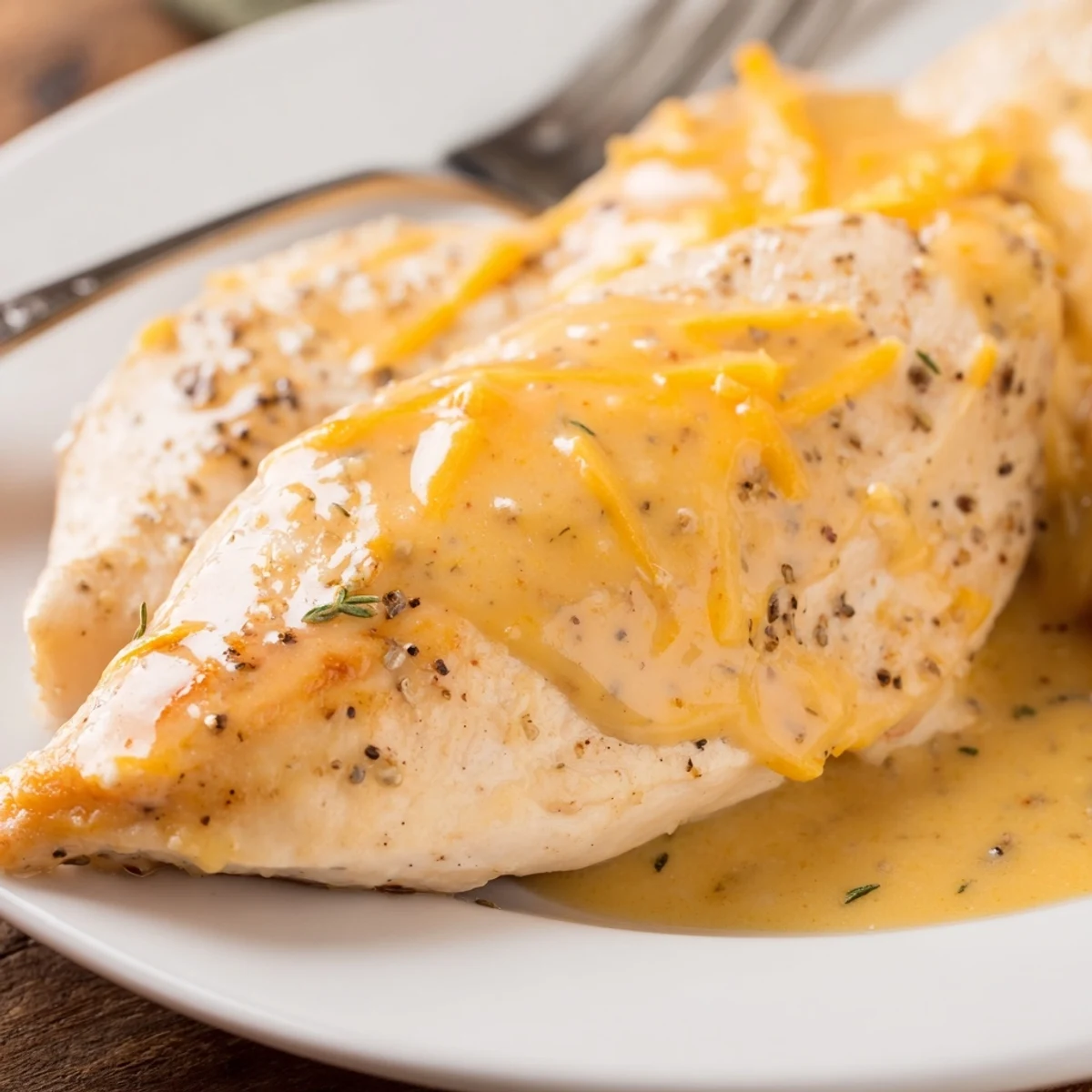 Close up showing silky Chicken With Cheese Sauce spooned over tender sliced breasts