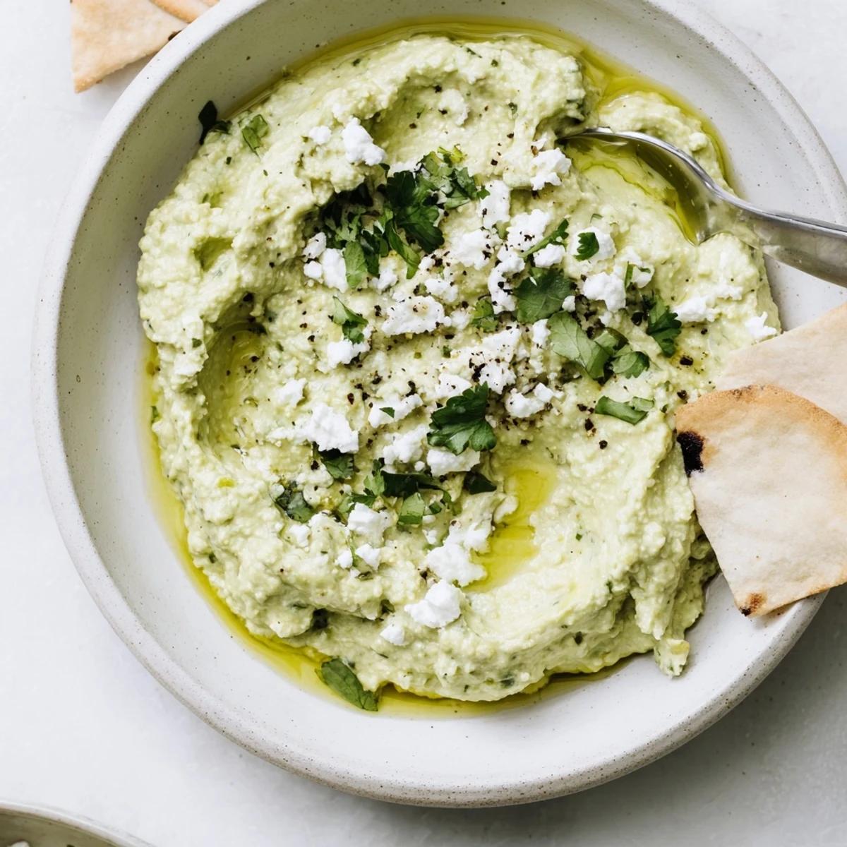 Creamy Avocado Feta Dip in bowl, silky texture, drizzled olive oil  