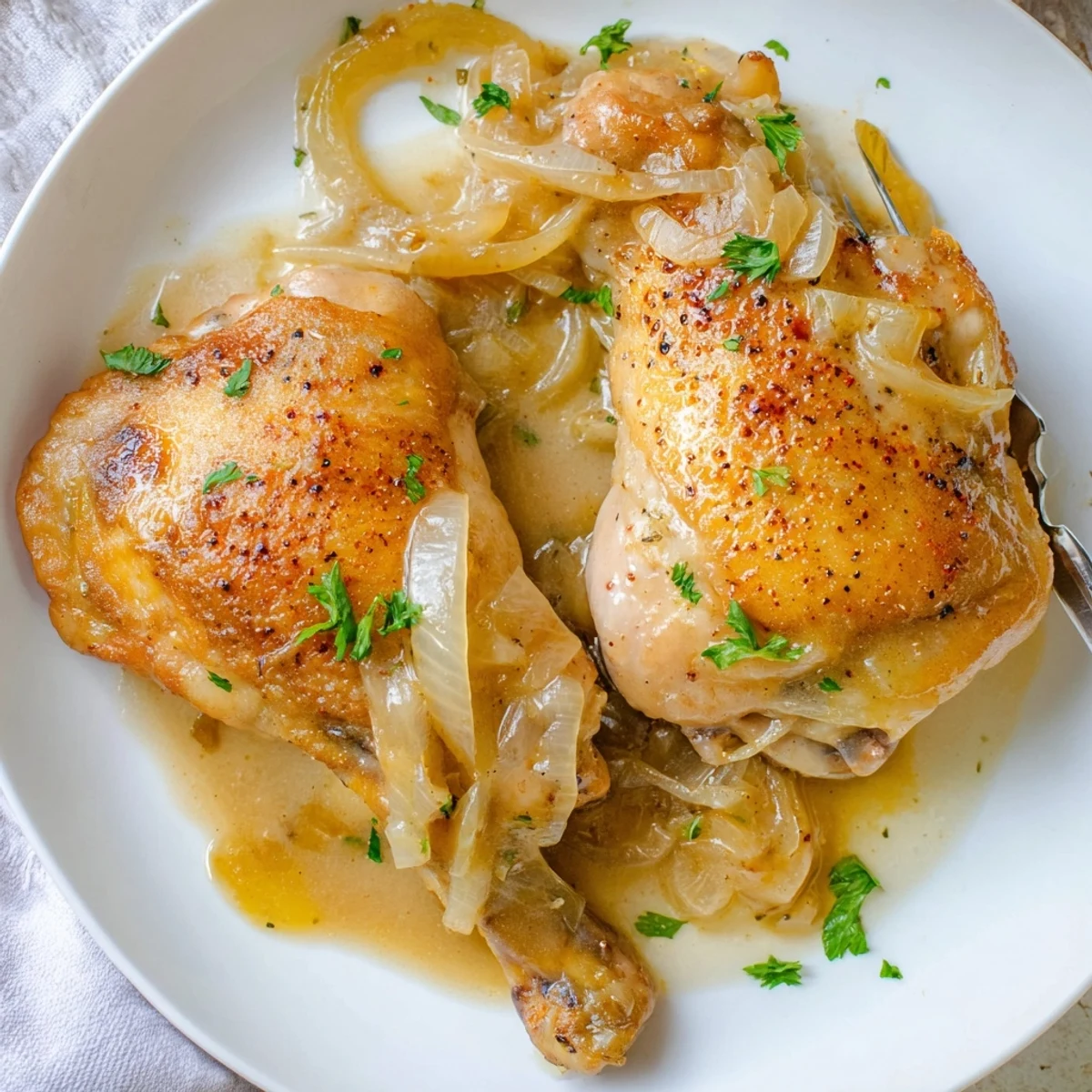 Savory Smothered Chicken Thighs In Rich Gravy Recipe served over creamy mashed potatoes.