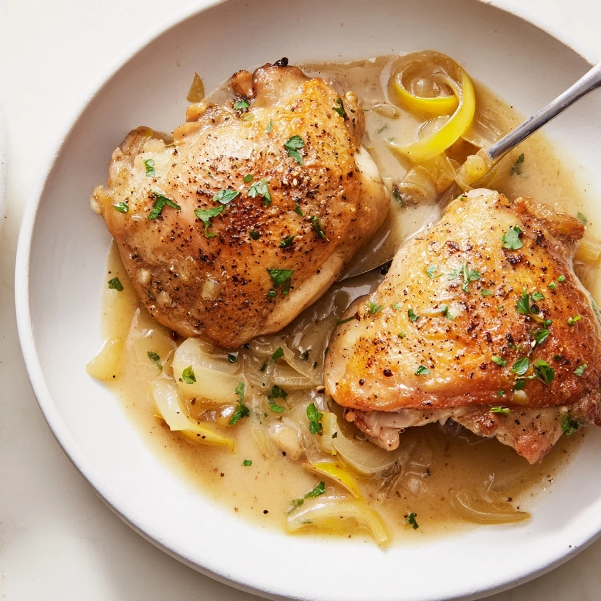 Savory Smothered Chicken Thighs In Rich Gravy Recipe with golden skin and onion-scented gravy.