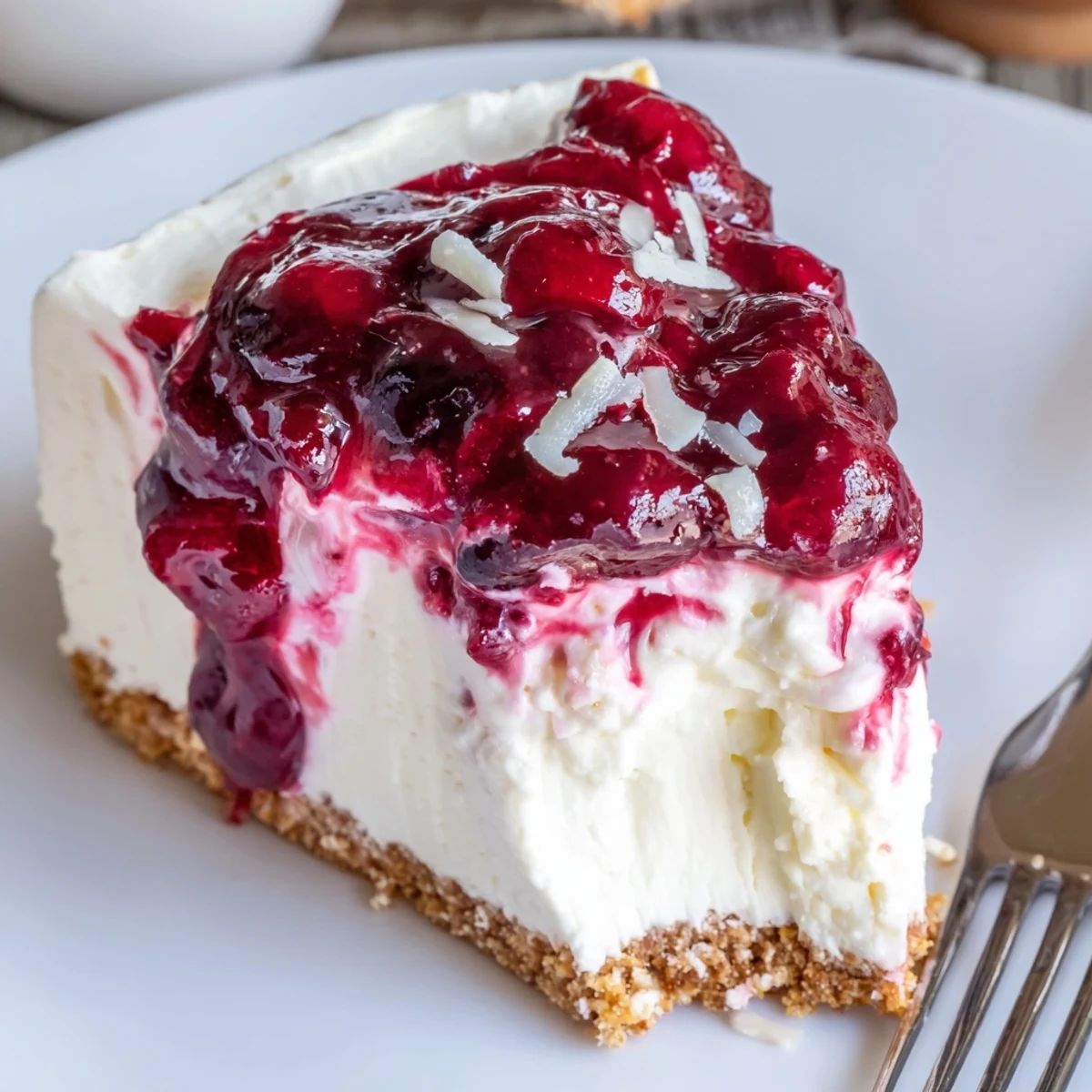 No Bake Cranberry White Chocolate Cheesecake with glossy tart cranberry topping and buttery crumbs