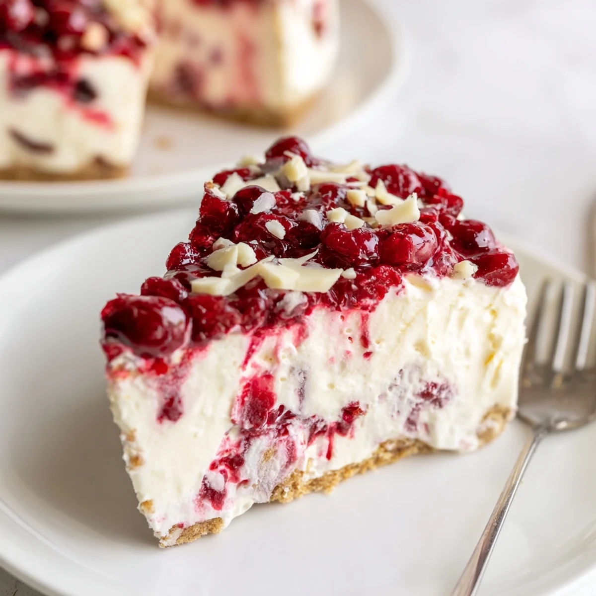 Sliced No Bake Cranberry White Chocolate Cheesecake chilled, velvety filling over graham crust