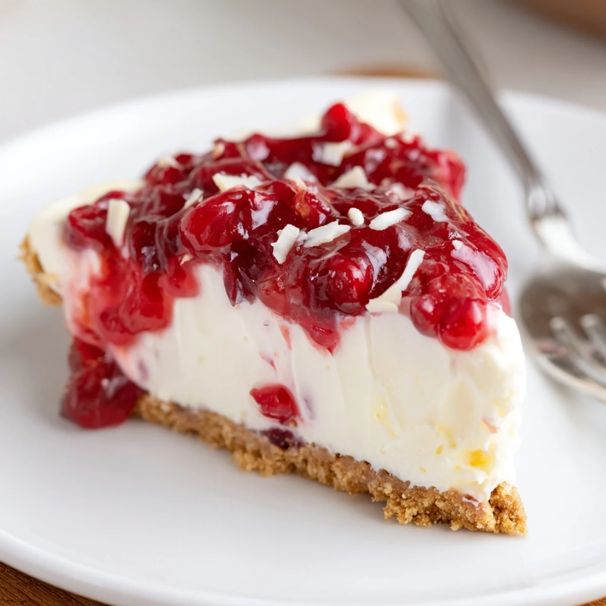 Slice of No Bake Cranberry White Chocolate Cheesecake on plate, zesty and creamy