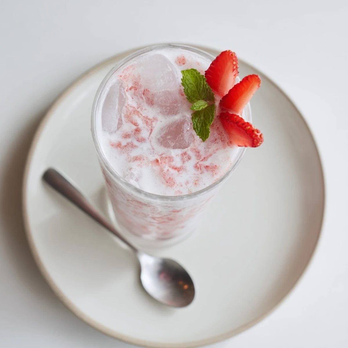Frothy Strawberry Coconut Cooler Recipe topped with mint and sliced strawberries  