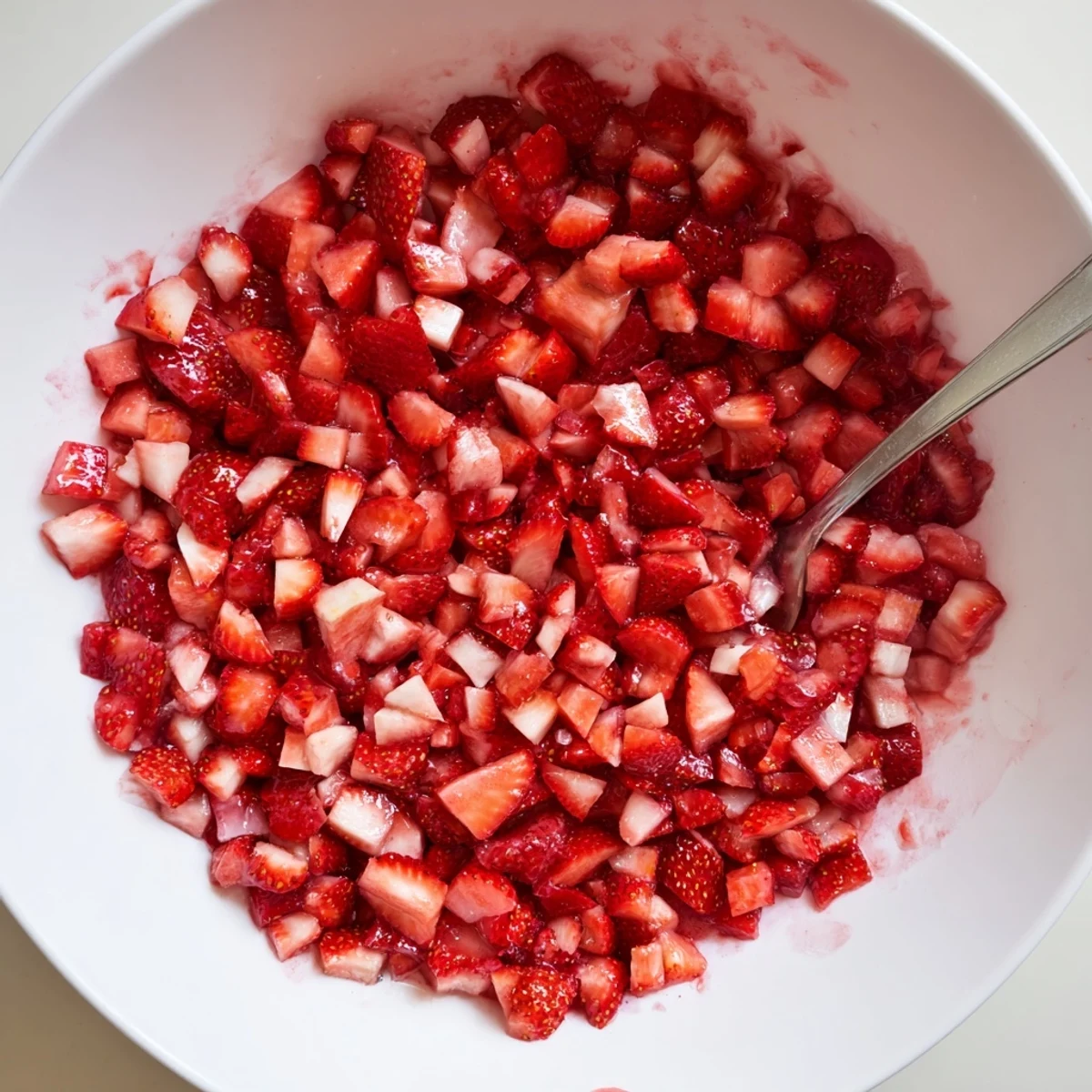 Strawberry Cake Filling Recipe: glossy red filling cooling, spoon beside cake  